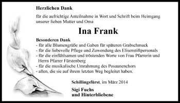 Traueranzeige von Ina Frank von Rothenburg