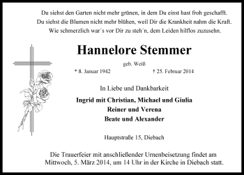 Traueranzeige von Hannelore Stemmer von Rothenburg