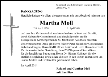 Traueranzeige von Martha Moll von Rothenburg