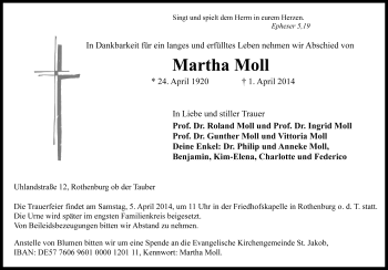 Traueranzeige von Martha Moll von Rothenburg