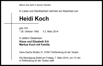 Traueranzeige von Heidi Koch von Rothenburg