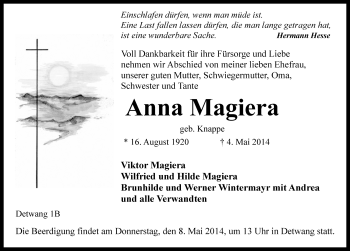 Traueranzeige von Anna Magiera von Rothenburg