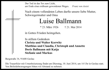 Traueranzeige von Luise Ballmann von Fränkische Landeszeitung