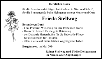 Traueranzeige von Frieda Stellwag von Rothenburg