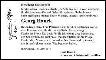 Traueranzeige von Georg Hanek von Rothenburg