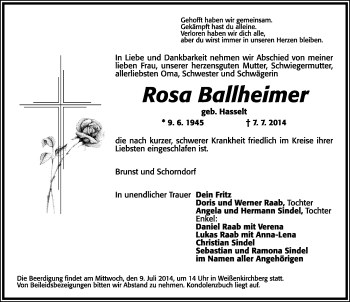 Traueranzeige von Rosa Ballheimer von Rothenburg