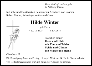 Traueranzeige von Hilde Winter von Rothenburg