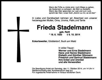 Traueranzeige von Frieda Stadelmann von Rothenburg