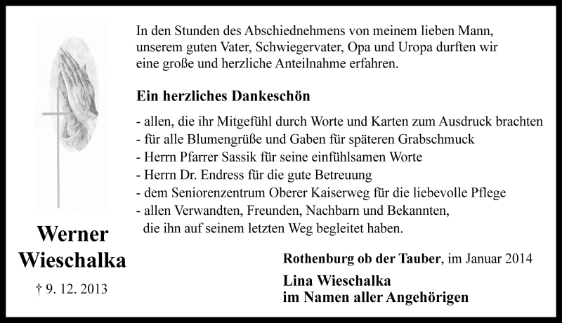  Traueranzeige für Werner Wieschalka vom 11.01.2014 aus Rothenburg