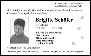 Traueranzeige von Brigitte Schöfer von Rothenburg