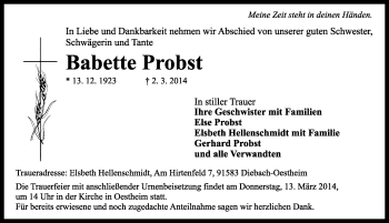 Traueranzeige von Babette Probst von Rothenburg