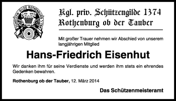 Traueranzeige von Hans-Friedrich Eisenhut von Rothenburg