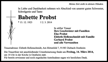 Traueranzeige von Babette Probst von Rothenburg