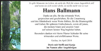 Traueranzeige von Hans Ballmann von Rothenburg