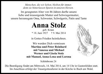 Traueranzeige von Anna Stolz von Fränkische Landeszeitung