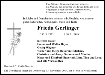 Traueranzeige von Frieda Gerlinger von Rothenburg