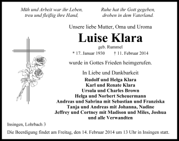 Traueranzeige von Luise Klara von Rothenburg