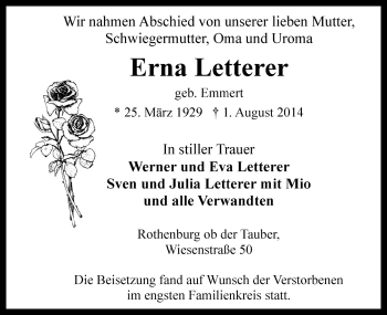 Traueranzeige von Erna Letterer von Rothenburg