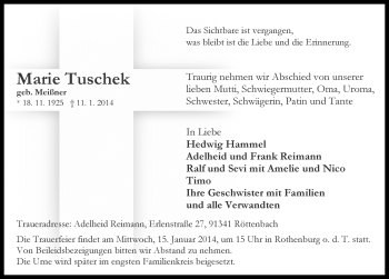 Traueranzeige von Marie Tuschek von Rothenburg