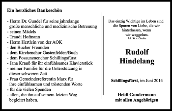 Traueranzeige von Rudolf Hindelang von Rothenburg