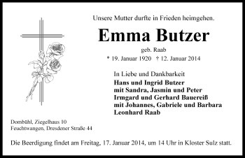 Traueranzeige von Emma Butzer von Rothenburg