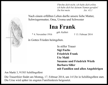 Traueranzeige von Ina Frank von Rothenburg