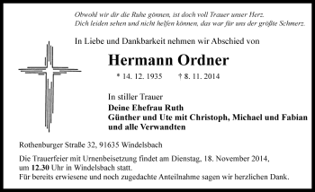 Traueranzeige von Hermann Ordner von Rothenburg