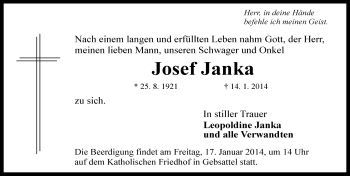 Traueranzeige von Josef Janka von Rothenburg