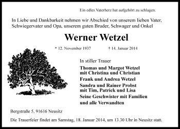 Traueranzeige von Werner Wetzel von Rothenburg
