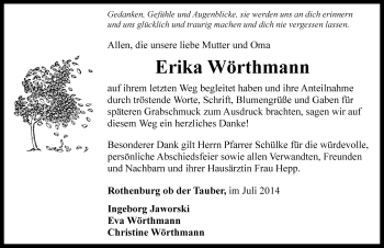 Traueranzeige von Erika Wörthmann von Rothenburg