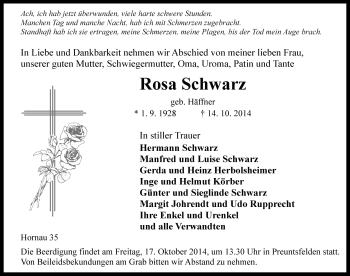 Traueranzeige von Rosa Schwarz von Rothenburg