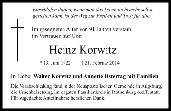 Traueranzeige von Heinz Korwitz von Rothenburg