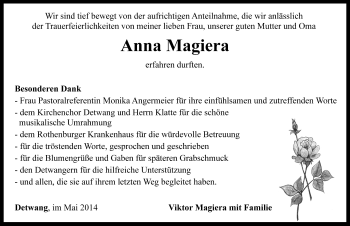 Traueranzeige von Anna Magiera von Rothenburg