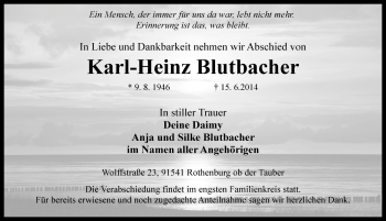 Traueranzeige von Karl-Heinz Blutbacher von Rothenburg