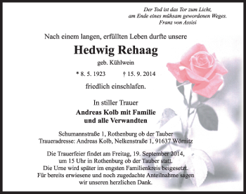 Traueranzeige von Hedwig Rehaag von Rothenburg