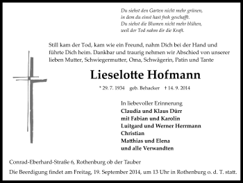 Traueranzeige von Lieselotte Hofmann von Rothenburg