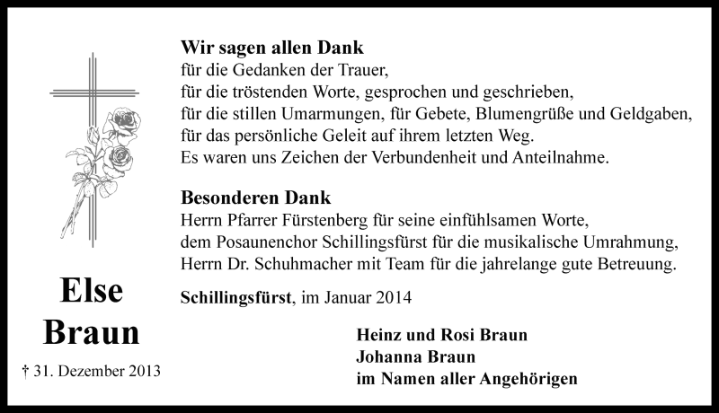  Traueranzeige für Else Braun vom 18.01.2014 aus Rothenburg