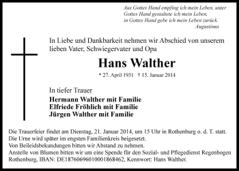 Traueranzeige von Hans Walther von Rothenburg