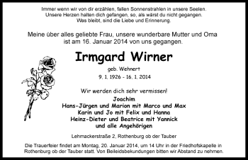 Traueranzeige von Irmgard Wirner von Rothenburg