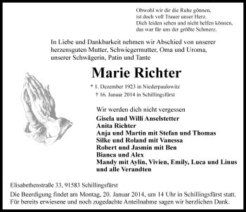 Traueranzeige von Marie Richter von Rothenburg