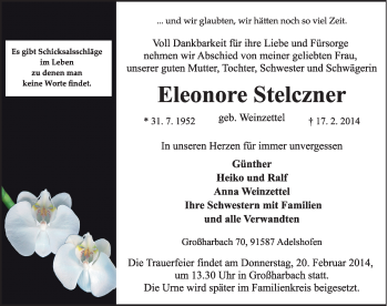 Traueranzeige von Eleonore Stelczner von Rothenburg