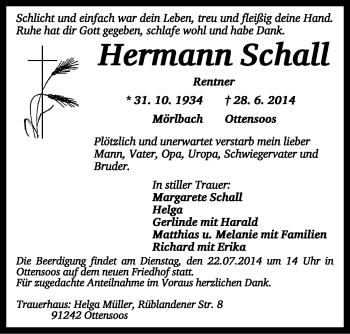 Traueranzeige von Hermann Schall von Rothenburg