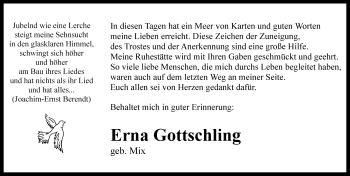 Traueranzeige von Erna Gottschling von Rothenburg