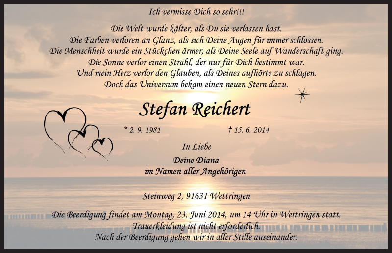  Traueranzeige für Stefan Reichert vom 21.06.2014 aus Rothenburg