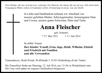 Traueranzeige von Anna Fleischer von Rothenburg