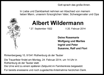 Traueranzeige von Albert Wildermann von Rothenburg