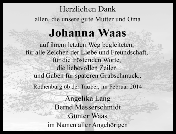 Traueranzeige von Johanna Waas von Rothenburg