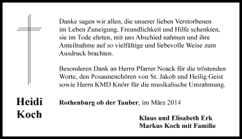 Traueranzeige von Heidi Koch von Rothenburg