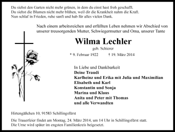 Traueranzeige von Wilma Lechler von Rothenburg