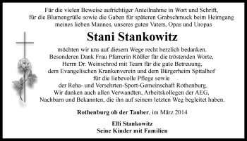 Traueranzeige von Stani Stankowitz von Rothenburg